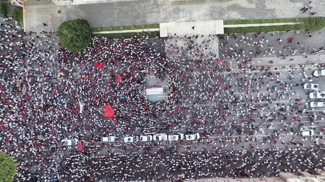 Overhead Aerial of Tirana Protest Crowd and Open Street, about Zvernec case and saving Flamingos, also asking prime minister resignation, day 10 of protest