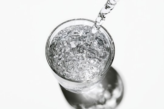 Clear liquid pouring into a glass, creating bubbles and ripples