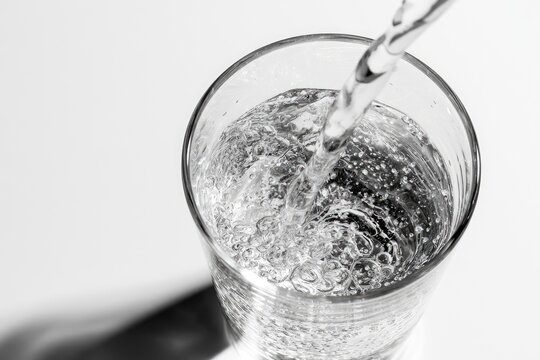 Clear liquid pouring into a glass, creating ripples and bubbles