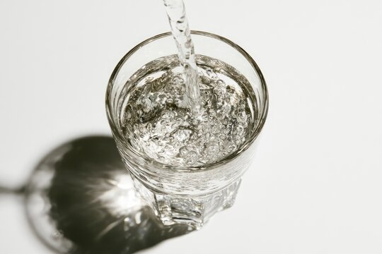 Clear liquid pours into a faceted glass, creating ripples and a shadow