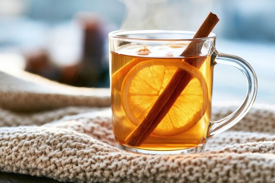 Warm, steaming beverage in glass mug with lemon slices and cinnamon stick