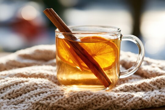 Warm spiced beverage in glass mug with orange slices and cinnamon stick on knit