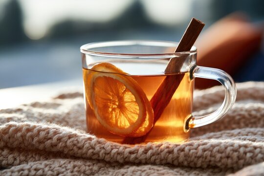 Warm, spiced beverage in glass mug with orange slices and cinnamon stick