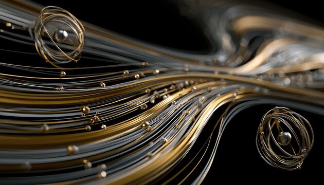 Swirling golden and silver threads with metallic spheres against black