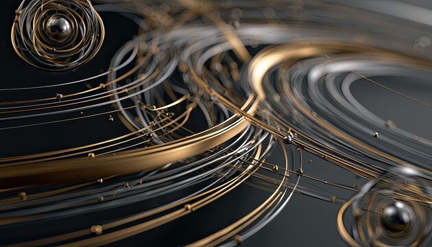 Abstract metallic strands and spheres swirl in a dark, luminous composition