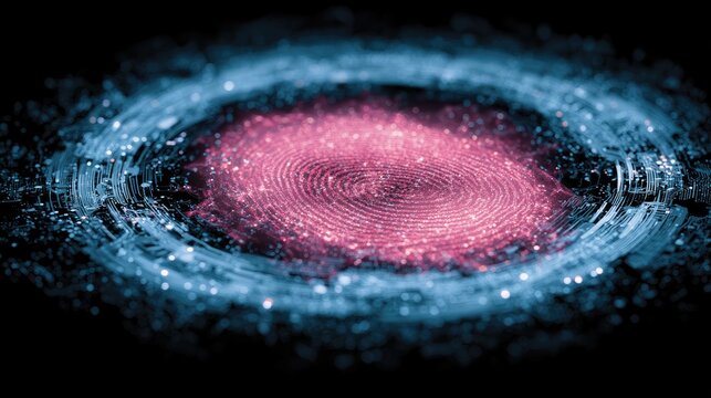Glowing fingerprint vortex with swirling blue energy particles