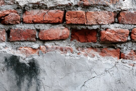 Close-up of weathered red brick wall with textured, cracked concrete overlay