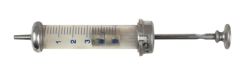 Product shot of an old vintage glass syringe, isolated on a pure white background.  © beachfront