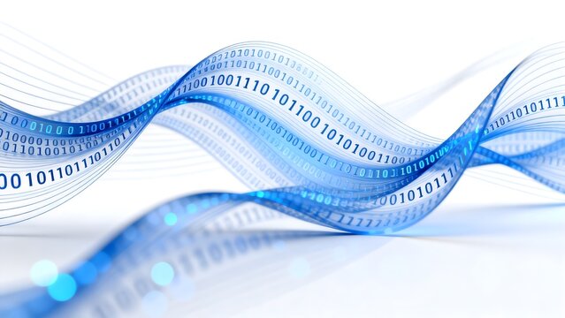 Blue binary data wave on white background
