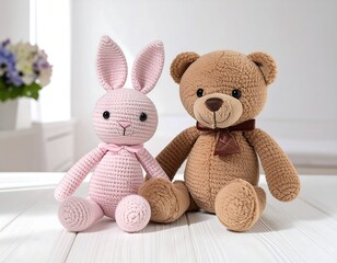 Fototapeta premium Two handmade crocheted toys, a pink bunny and a brown teddy bear, sit together on a white surface with a blurry floral background