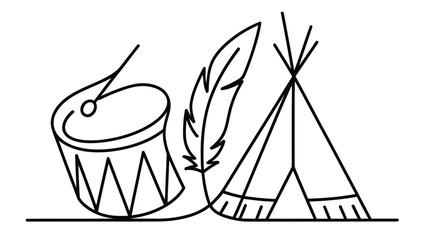 Line drawing of tee pee drum and feathers illustration high quality © Ziaul_Studio