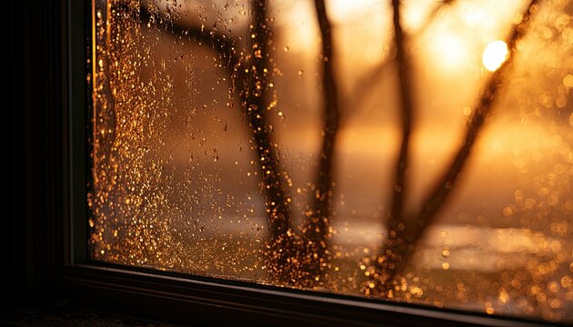 Golden light streams through a window covered in water droplets and frost