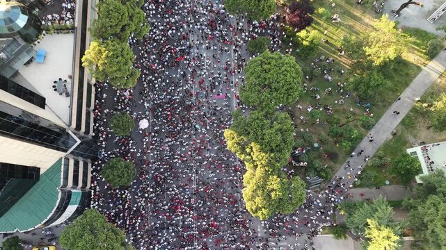 Drone Video of Tirana Protest Beside Park and Boulevard, about Zvernec case and saving Flamingos, also asking prime minister resignation, day 10 of protest