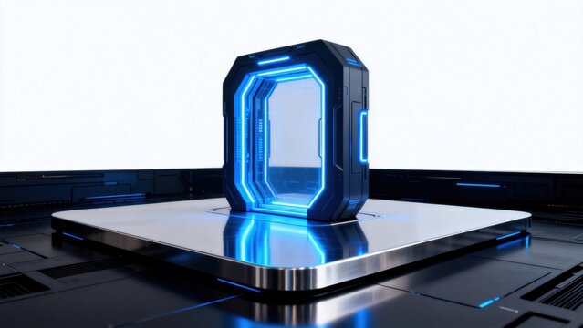 Futuristic blue glowing portal device