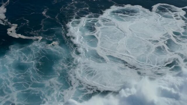 Top-down view of ocean waves creating abstract sea foam patterns on deep blue water. Ideal for nature, marine, travel, environment, and background concepts.