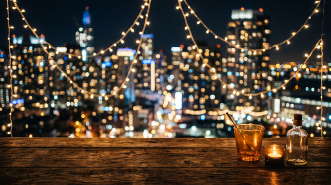 Night cityscape with festive lights over waterfront harbor and urban skyline at dusk