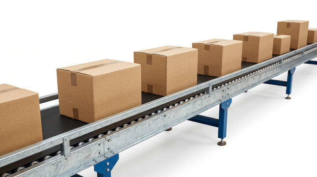 Packages moving on industrial conveyor belt in factory