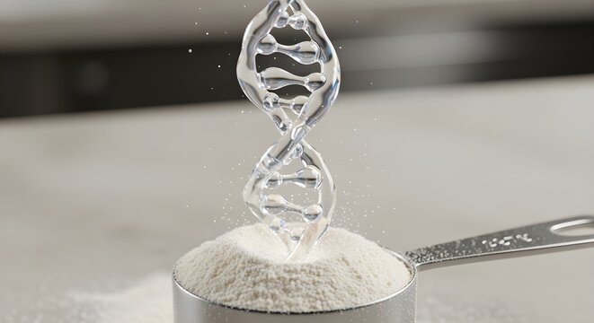 A scoop of hydrolyzed collagen peptides powder, with a shimmering, translucent structure of collagen molecules rising from it.