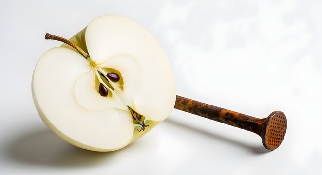 A clearer, modern reinterpretation of a visual metaphor: a clean, sliced apple that remains perfectly fresh and white, while a rusted nail lies harmless next to it, representing oxidation stopped. On