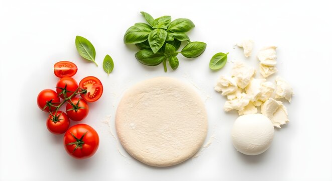 All the ingredients for a Margherita pizza (fresh dough, tomato, mozzarella, basil) arranged separately but together on a white background.