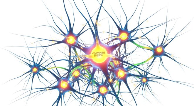 Cyber neon neuron cluster glowing with Vitamin B6 energy, isolated on pure white, no shadows
