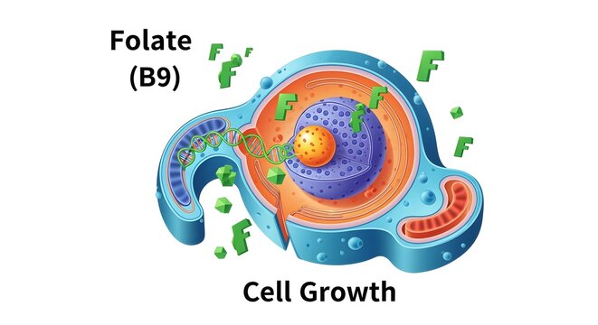 Folate (B9) cell growth illustration with dividing cell graphic, isolated on white, no shadows
