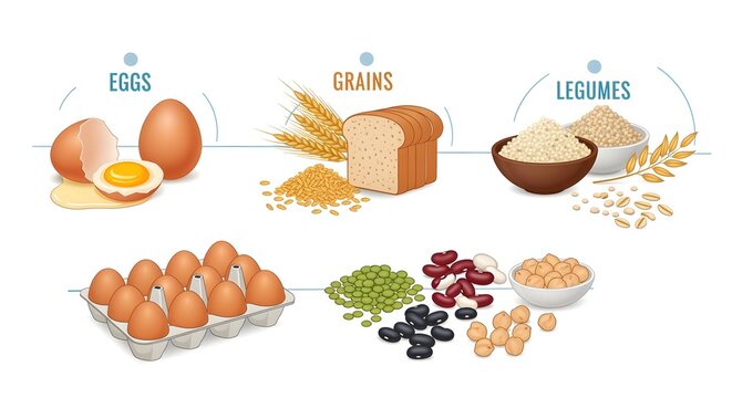 Healthy foods like eggs, grains, and legumes arranged infographic-style, isolated on pure white, no shadows