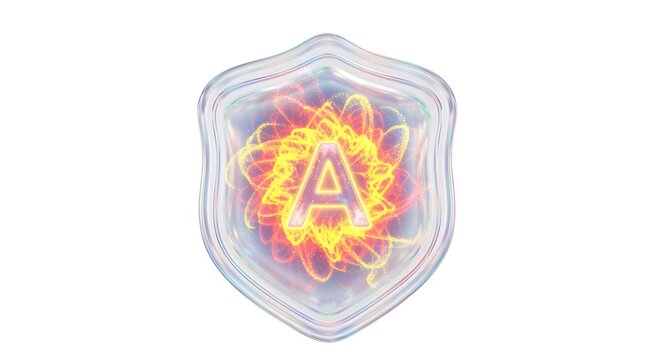 Holographic immune shield glowing with neon Vitamin A particles, isolated on pure white background, no shadows