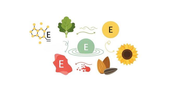 A clearer, modern reinterpretation of inflammation reduction concept with Vitamin E icons, isolated on pure white background, no shadows, styled for visual appeal.