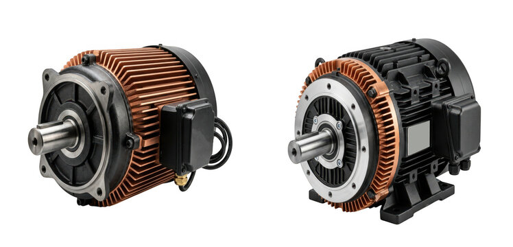 Two modern industrial electric motors with copper cooling fins isolated on transparent background