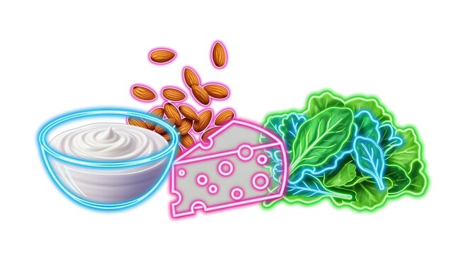 Neon hologram layout of yogurt, cheese, almonds, leafy greens, isolated on white, no shadows