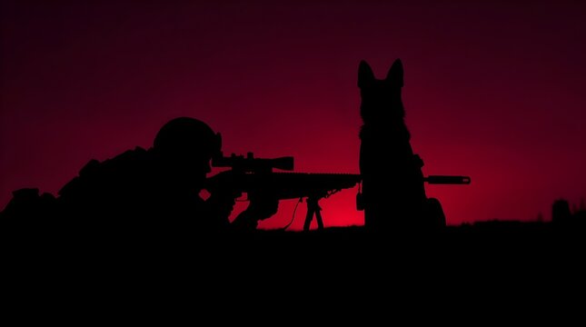 Low angle silhouette of a military sniper lying prone with a sniper rifle next to a loyal K9 German Shepherd dog against a crimson red twilight sky