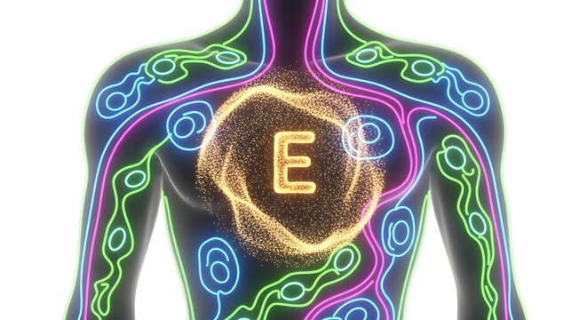 Neon immune system lines illuminated by Vitamin E hologram particles, isolated on white, no shadows