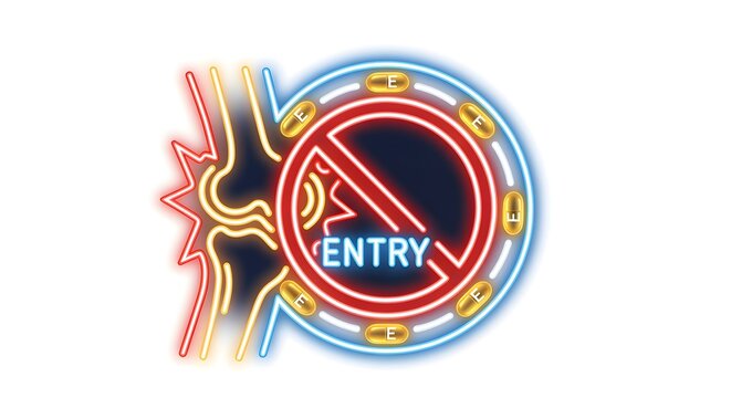 Neon inflammation-reduction symbol with glowing Vitamin E accents, isolated on white, no shadows