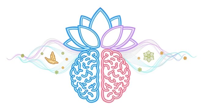 Neon lotus + brain fusion icon radiating calm energy waves, glowing adaptogen particles (ashwagandha/rhodiola symbols), isolated on pure white background, no shadows.