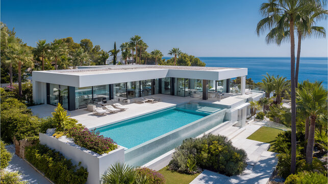 Modern luxury villa with infinity pool overlooking the mediterranean sea