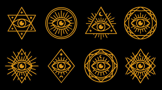 Detailed gold vector graphic collection featuring various mystical eye symbols set against a dark black background