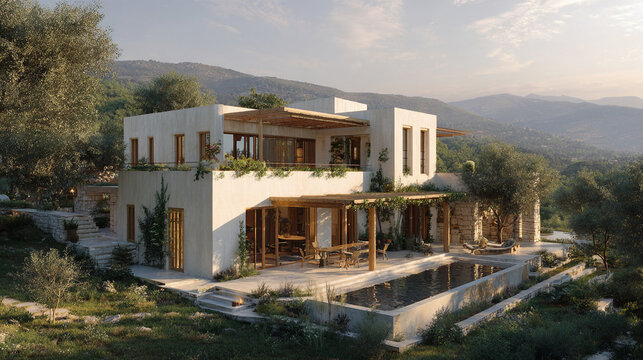 Luxury modern mediterranean villa with swimming pool and scenic mountain view