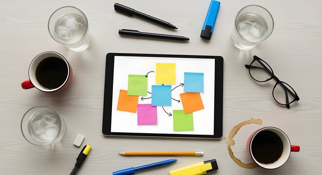 A clearer, modern reinterpretation of a flat lay of a tablet showing a digital whiteboard with sticky notes, surrounded by real coffee mugs, glasses of water, and scattered pens. Represents a modern