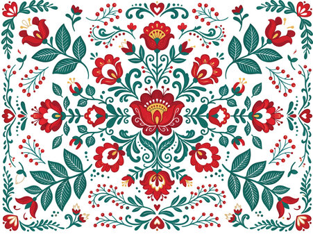 Traditional Russian Khokhloma seamless pattern vector ornament with red flowers and green leaves.