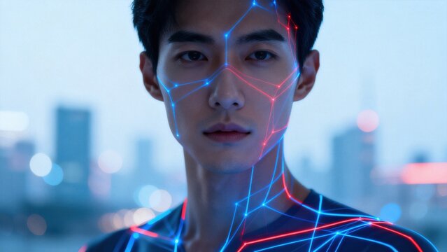 Young man with glowing network lines