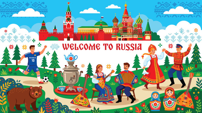 Welcome to Russia vector banner design with traditional dancers, musicians, and Kremlin background.
