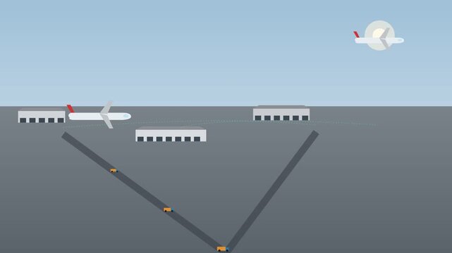 An airplane landing at an airport with a video simulation of its approach
