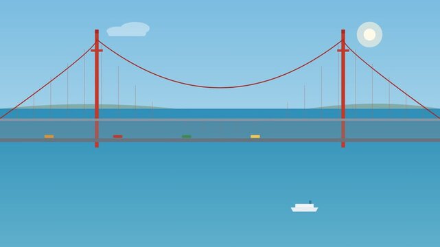 A video of a suspension bridge over a body of water at sunset