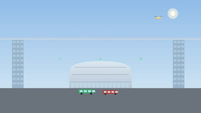 Urban monorail train crossing city skyline in futuristic transportation concept