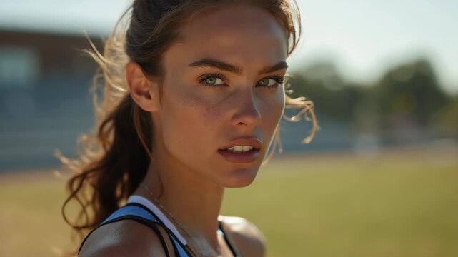 Confident female athlete ready for running fashion editorial shot, high-fashion imagery, avant-garde aesthetics, editorial storytelling, conveying fashion trends and concepts, artisti.