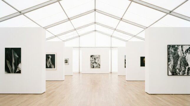 A spacious temporary white tent pavilion gallery at an international art fair features various monochrome artworks on clean white partitions with a cinematic widescreen perspective and wood floors.