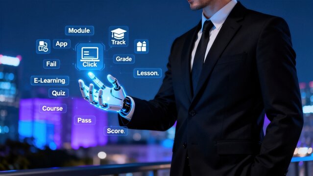 Businessman with robotic hand and digital interface