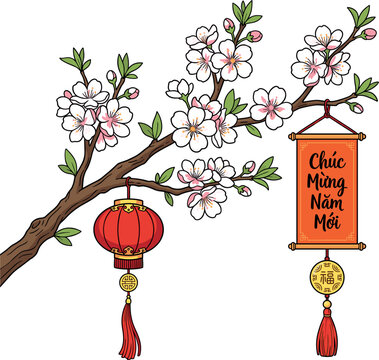 
Hand Drawn Vietnamese New Year Chuc Mung Nam Moi Cherry Blossom Branch with Red Lantern and Scroll on Isolated Background