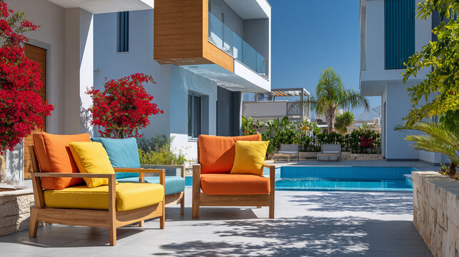 Modern outdoor patio furniture with vibrant cushions by a luxury villa pool